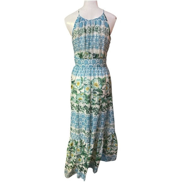 Eliza J Blue and Green Halter Maxi Dress with Ruffled Tiers 4 - Picture 9 of 12